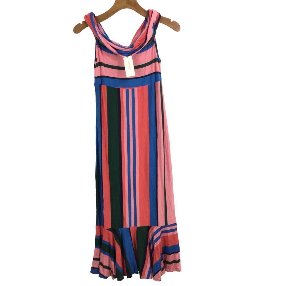 Ella Moss Womens Nora Striped Off Shoulder Midi Dress Pink Flamingo Small NWT